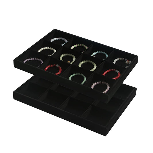Coward 2PC Black Velvet Stackable 12 Grids Jewelry Organizer Tray Bracelet Display Stand for Selling Velvet Necklace Holder Earring Box Storage (12grid+12grid)