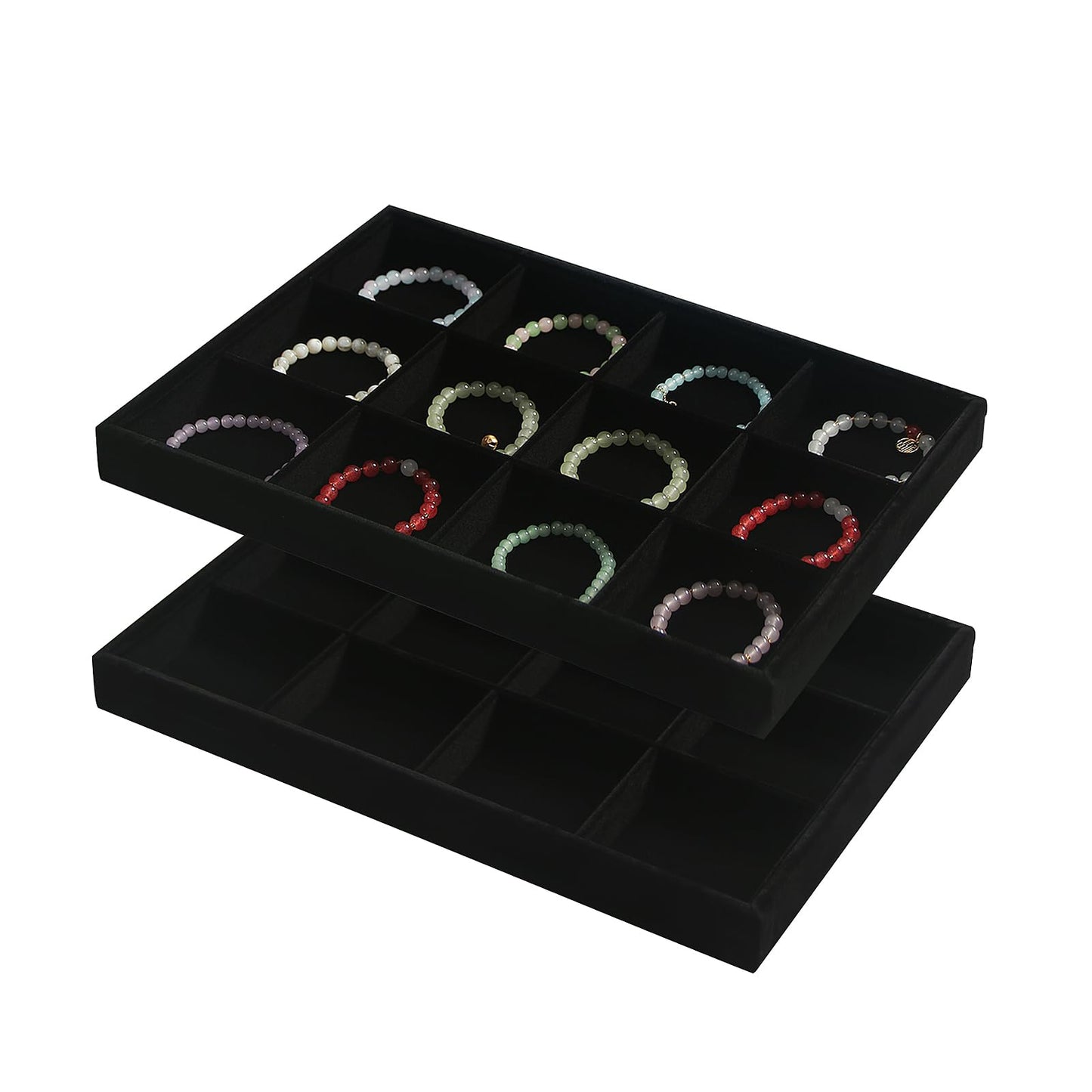 Coward 2PC Black Velvet Stackable 12 Grids Jewelry Organizer Tray Bracelet Display Stand for Selling Velvet Necklace Holder Earring Box Storage (12grid+12grid)