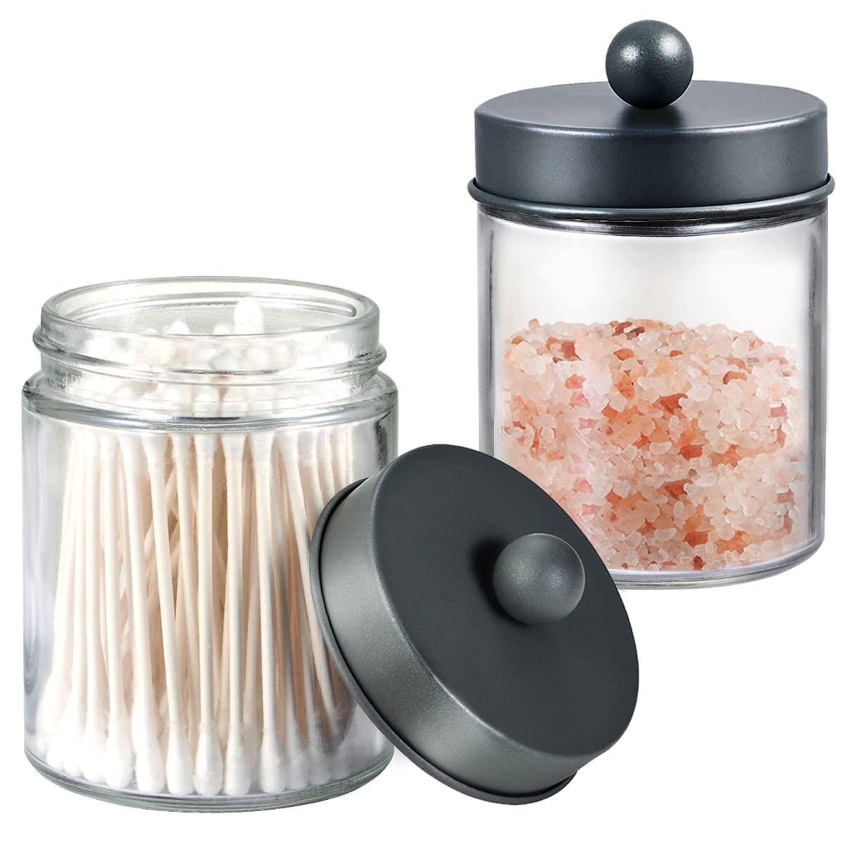 Amolliar 4 Pack Apothecary Jars Bathroom Vanity Storage Organizer Set -Countertop Canister with Stainless Steel Lids &Cute Stickers - Qtip Dispenser Holder for Qtips,Cotton Swabs,Makeup Sponges (Grey)