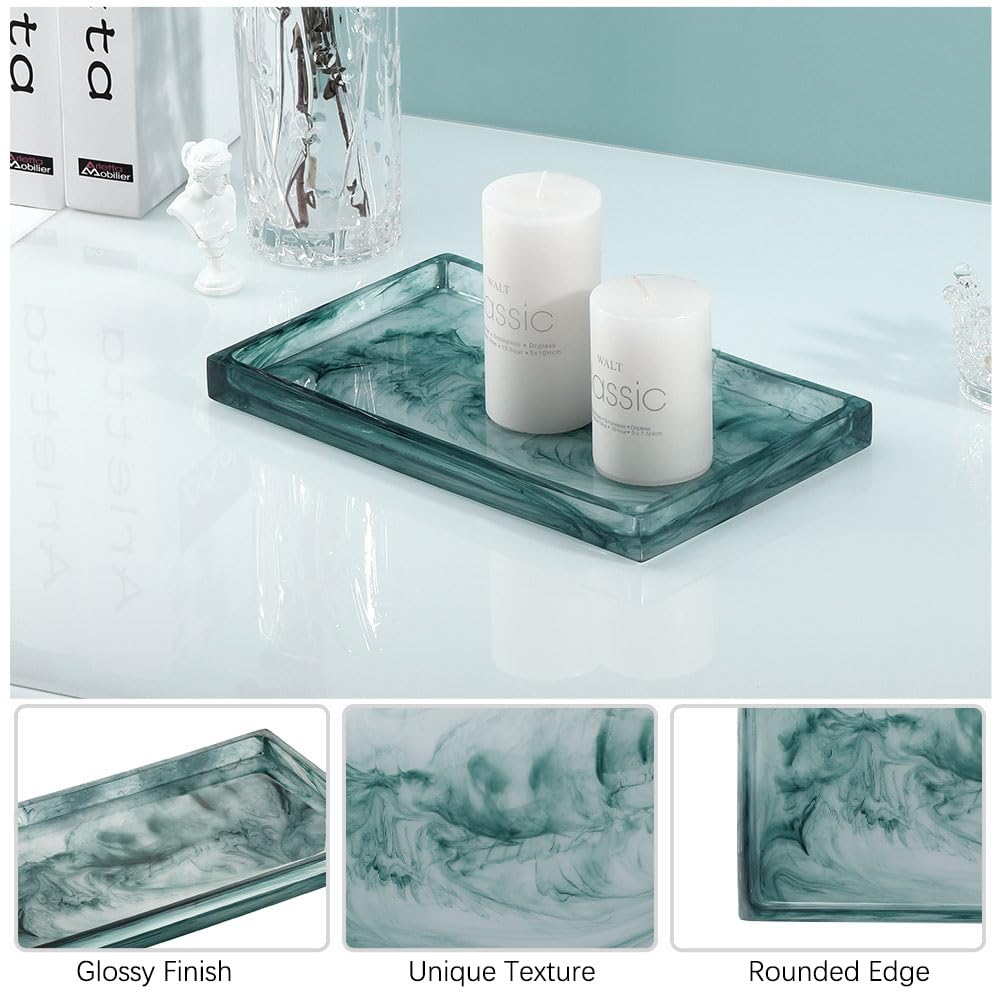 Emibele Bathroom Tray - Resin Countertop Vanity Tray with Jewelry Storage & Organizer for Candle, Plant, Perfume, Shampoo, Towel - Home Decor, Medium, Ink Green