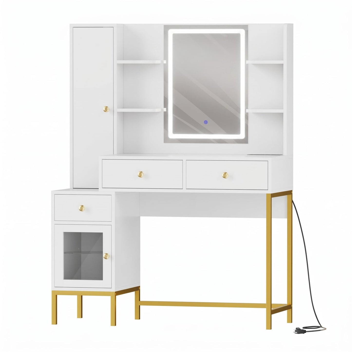 Garvee Vanity Desk with Mirror and Lights, Makeup Vanity with Jewelry Storage Cabinet & Charging Station, LED Lighted Makeup Table with Divided Drawers for Bedroom, White