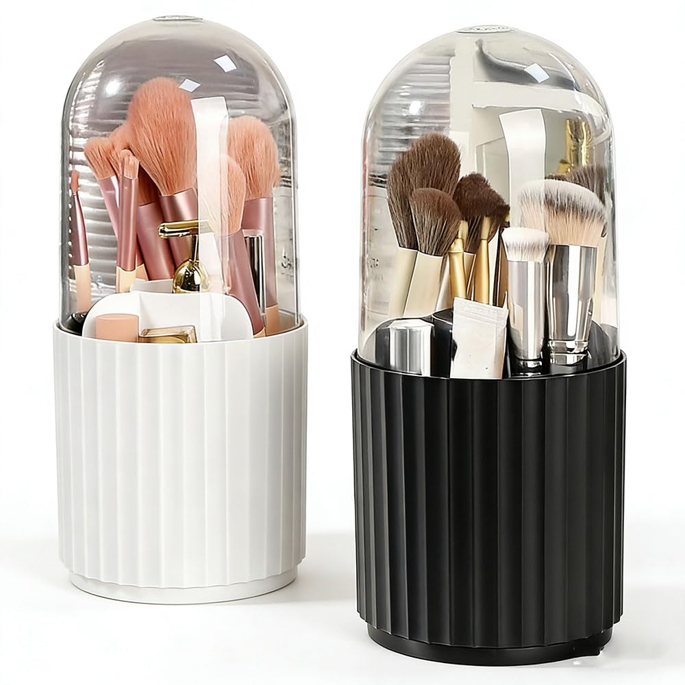 Ariettie Makeup Brush Holder Organizer with Lid, 360 Degree Rotatable Makeup Brush Organizer Spinning Cosmetics Holders Brush Storage Box Display for Bathroom Vanity Countertop, White