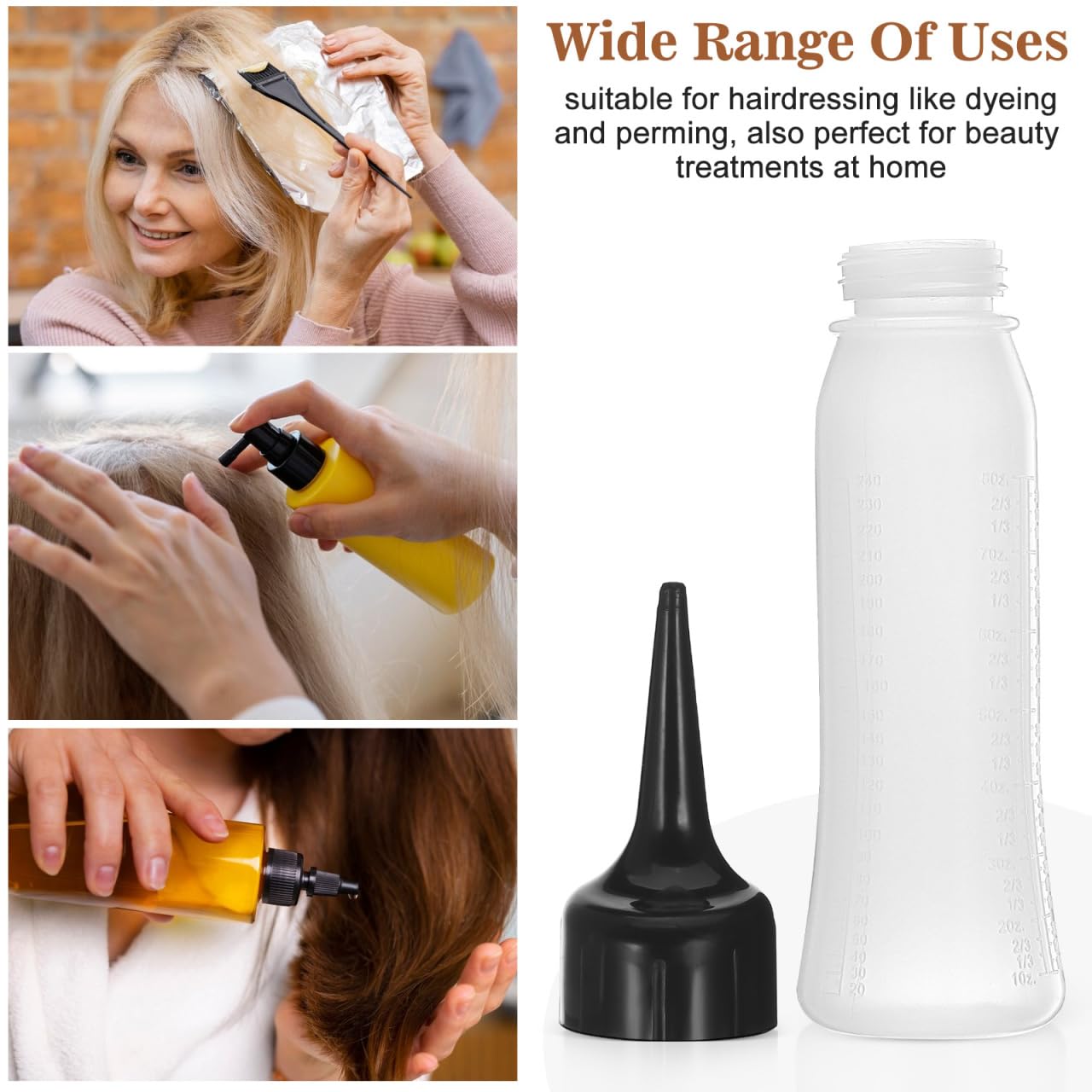 Veemoon 3 Pcs Hair Dye Applicator Bottle, Squeeze Container Refillable PP Material 9.35x2.24 Inch, Salon Barber Scalp Treatment Cosmetics Liquid Dispenser (3)