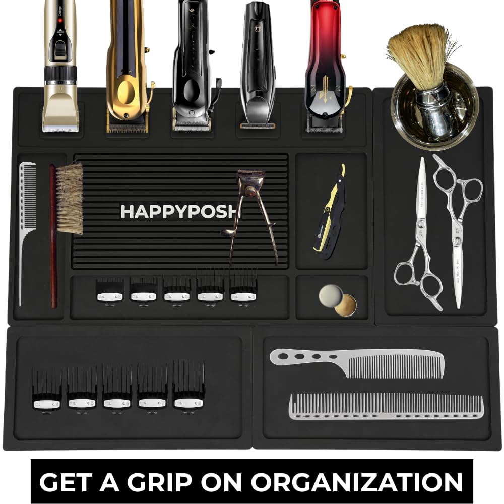 HAPPYPOSH Magnetic Barber Mats for Clippers, Large 4-Piece Modular Barber Station Organizer with 5 Strong Magnets, Non-Slip Magnetic Tool Mat for Professional Barber Shop & Salon Accessories