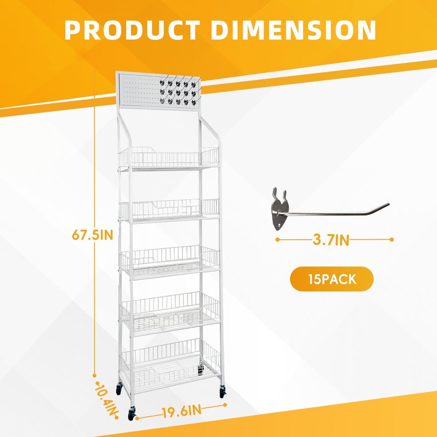 5 Tier Snack Rack Display Stand - Retail Display Shelves with Top Pegboard, 15 Hooks, Bakery Display Rack on Wheels for Easy Mobility and Organization (White)