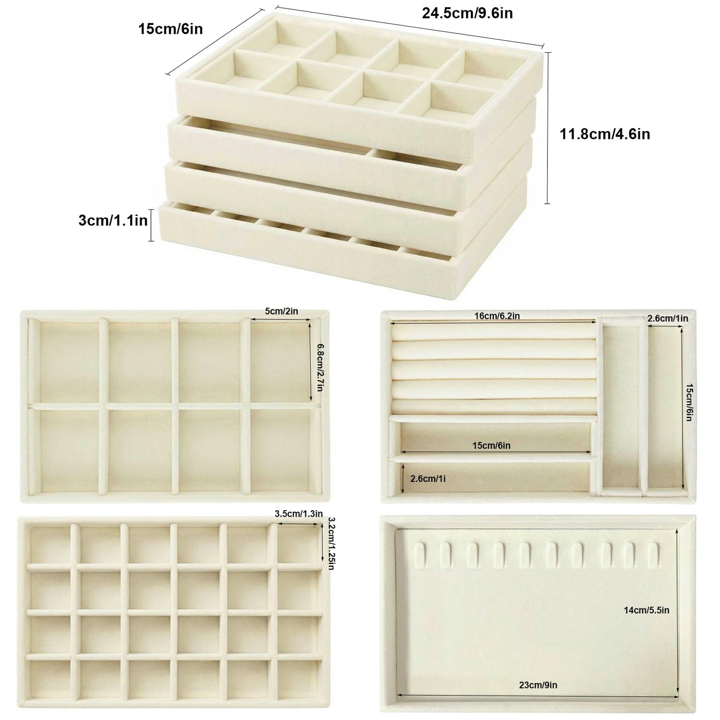 Velvet Jewelry Drawer Organizer Trays, 4 Pack Stackable Jewelry Storage Inserts Set, Beige Jewelry Tray Set with Removable Dividers for Earrings, Necklaces, Rings, Bracelets for Vanity & Dresser