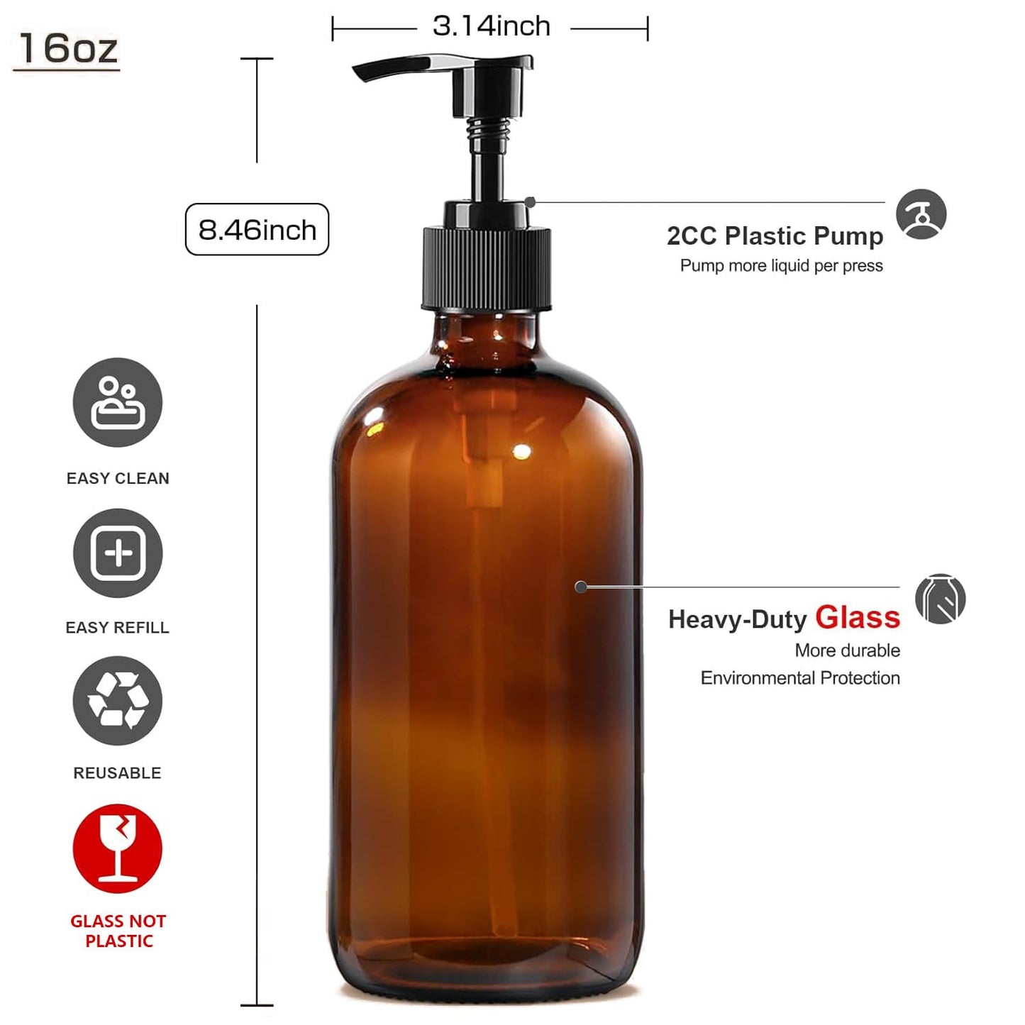 BPFY 4 Pack 16 oz Amber Glass Bottles with Pumps for Shampoo, Essential Oils, Cleaning Products, Lotions, Aromatherapy Oil, Pump Bottles, Refillable Containers with Cap, 8 Chalk Labels, 1 Pen