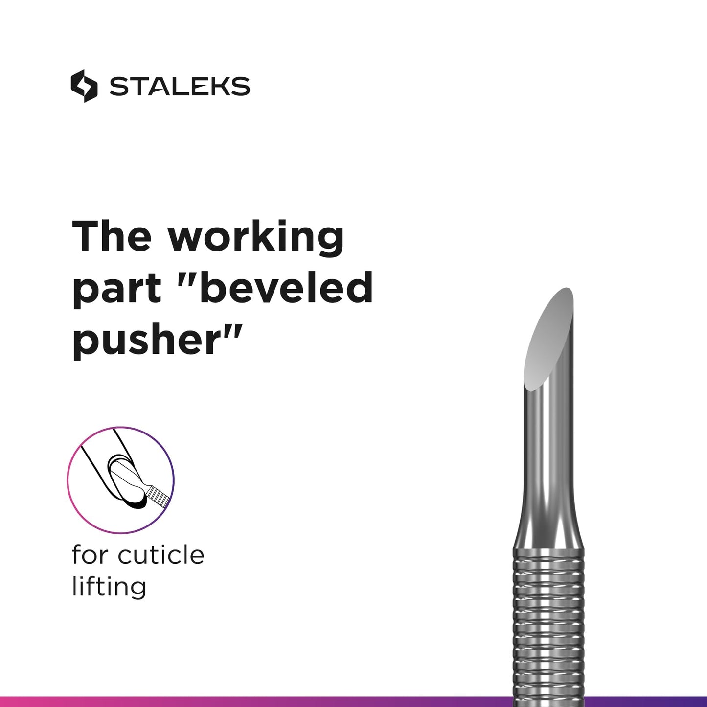Staleks Pro Manicure Pusher EXPERT 90 Type 2 – Beveled & Rounded Wide Ends – Stainless Steel – Non-Slip Handle