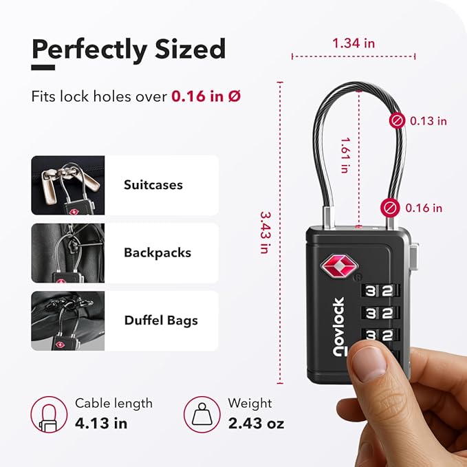 TSA Approved Luggage Locks | Inspection Indicator, 4-Digit Combination, Durable Zinc Alloy | for Suitcases, Backpacks, Travel Bags | Black, 4-Pack