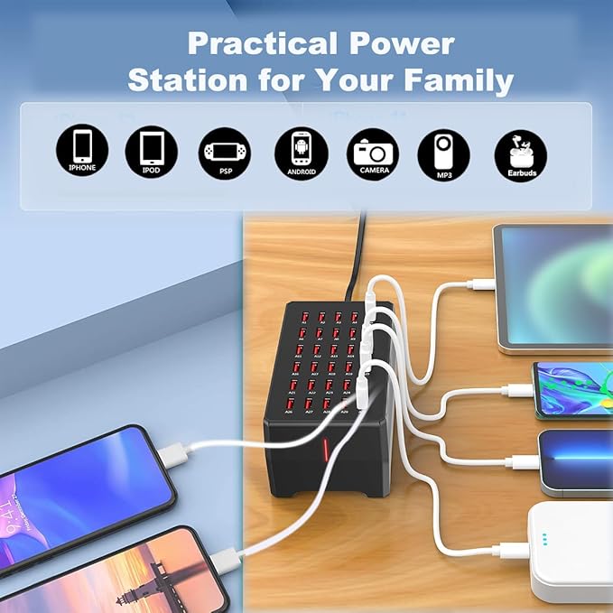 150W 30-Port Multi-Device USB Charging Station - Supports simultaneous Charging for Smartphones, Tablets, smartwatches and Other USB-Powered Devices.(30 Port Charger Station-Black)