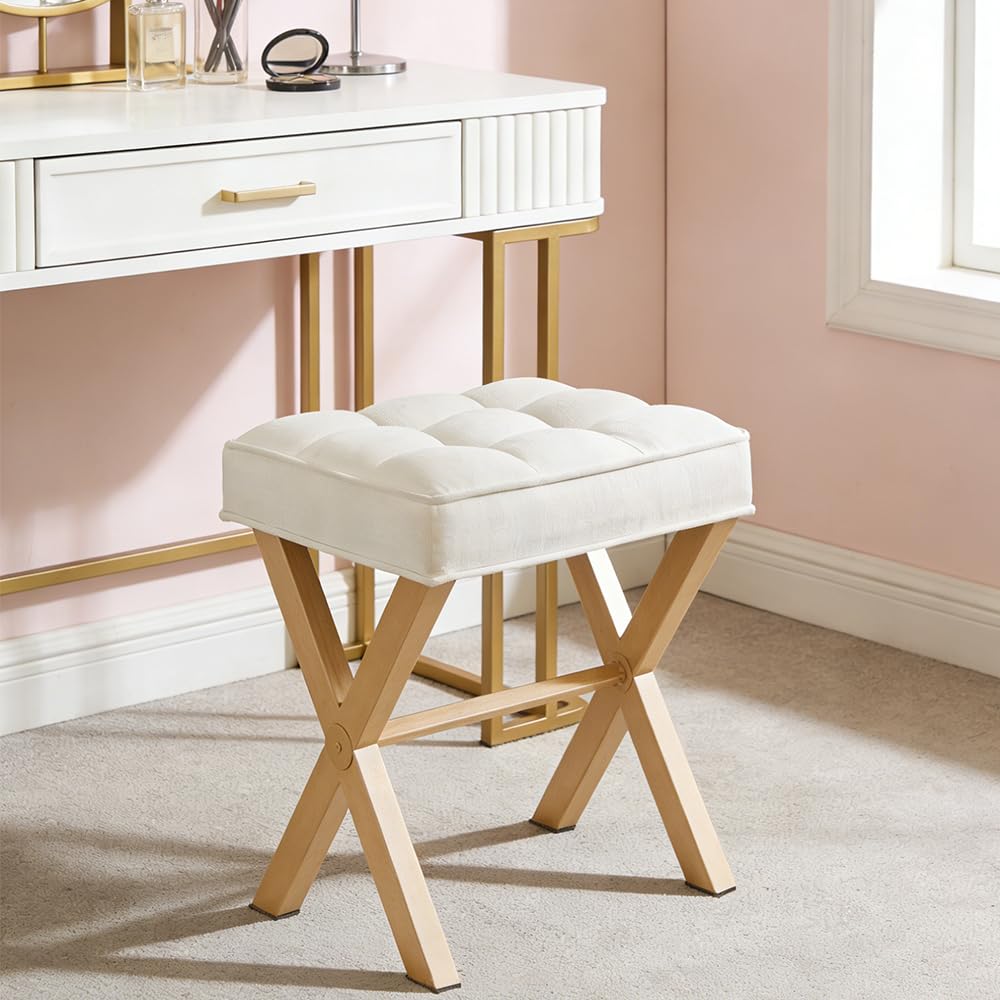 OUSADOU Upholstered Vanity Chair with Metal X-Legs & Soft Linen Fabric - Modern Square Foot Stool Ottoman,Versatile Seat and Footrest for Makeup, Living Room, Bedroom & Entryway(X-Yellow-White)