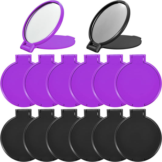 Blulu 24 Pieces Mini Folding Round Compact Mirror Portable Pocket Makeup Mirror Bulk for Women Travel Daily Use, 2 Colors(Black, Dark Purple)
