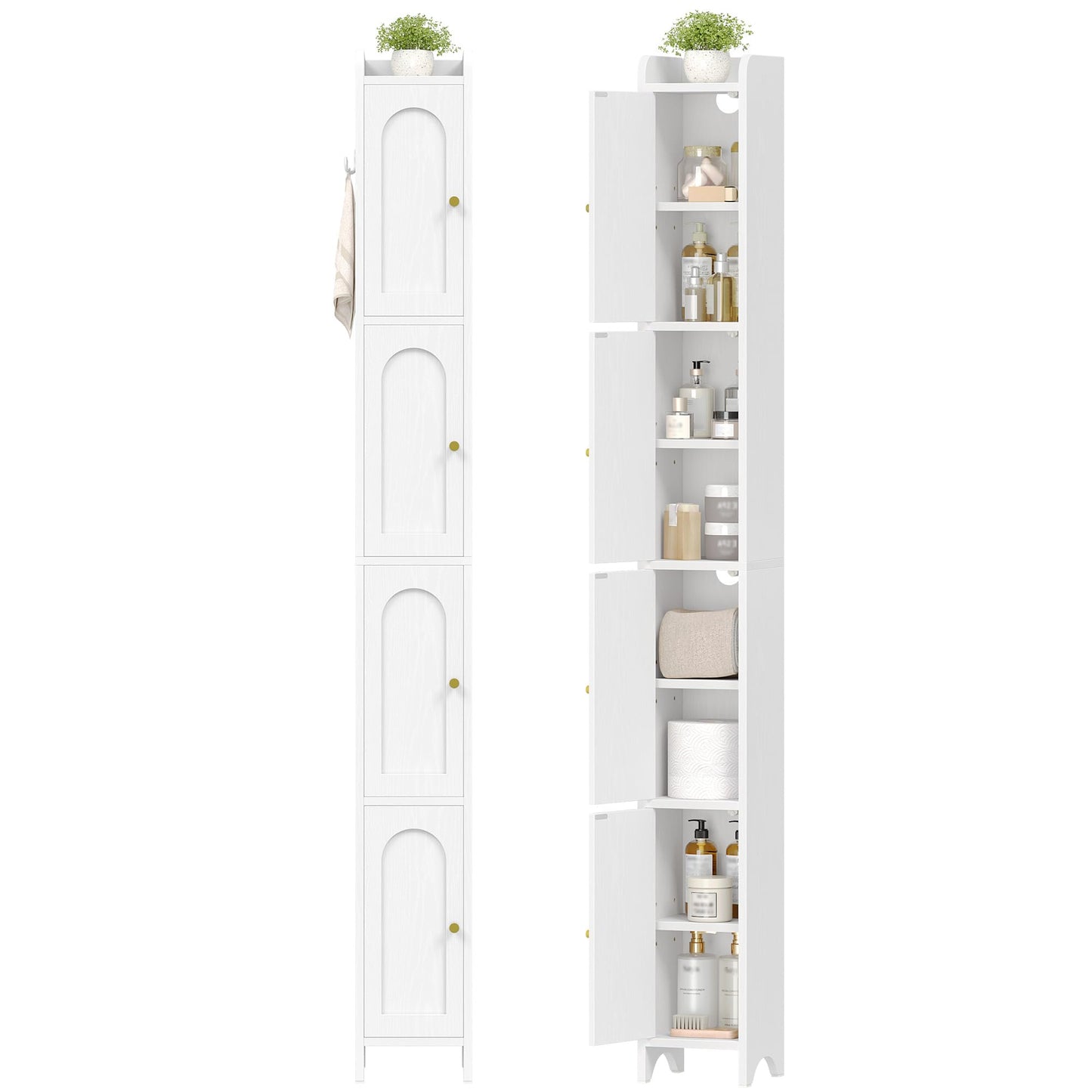 Hzuaneri 70.9" H Bathroom Storage Cabinet, Tall Corner Cabinet with 4 Doors and Adjustable Shelf, Slim Freestanding Floor Cabinet with Arched Door for Small Spaces, 7.9" D x 7.9" W x 70.9" H White