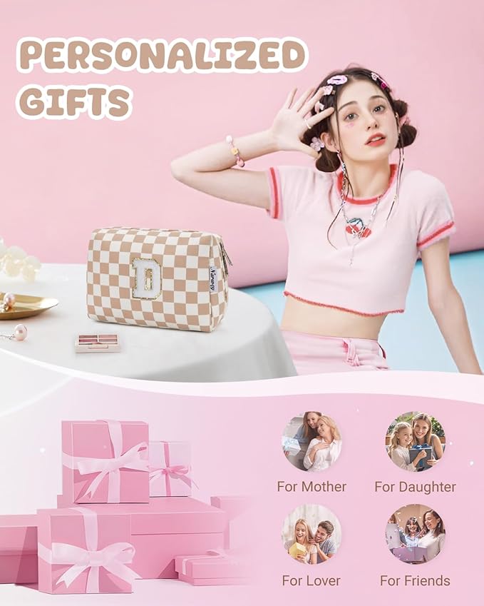 Narwey Birthday Gifts for Women Teen Girls Kids Personalized Initial Checkered Makeup Bag Cute Cosmetic Bag Trendy Stuff 6 8 10 11 12 13 14 16 18 Years Old Travel Toiletry Bag (Brown Letter D)