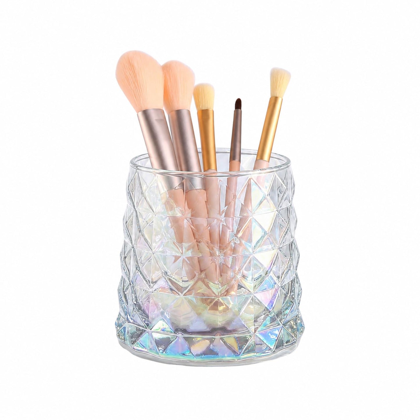 DASITON Glass Makeup Brush Holder Organizer, Diamond Pattern Cosmetic Storage Cup, Makeup Organizer for Vanity, Bathroom Countertop Toothbrush Holder, Desk Pen Pencil Holder (Iridescent)
