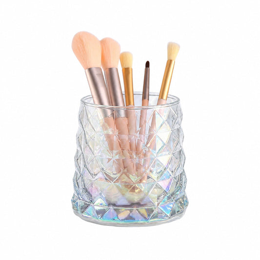 DASITON Glass Makeup Brush Holder Organizer, Diamond Pattern Cosmetic Storage Cup, Makeup Organizer for Vanity, Bathroom Countertop Toothbrush Holder, Desk Pen Pencil Holder (Iridescent)
