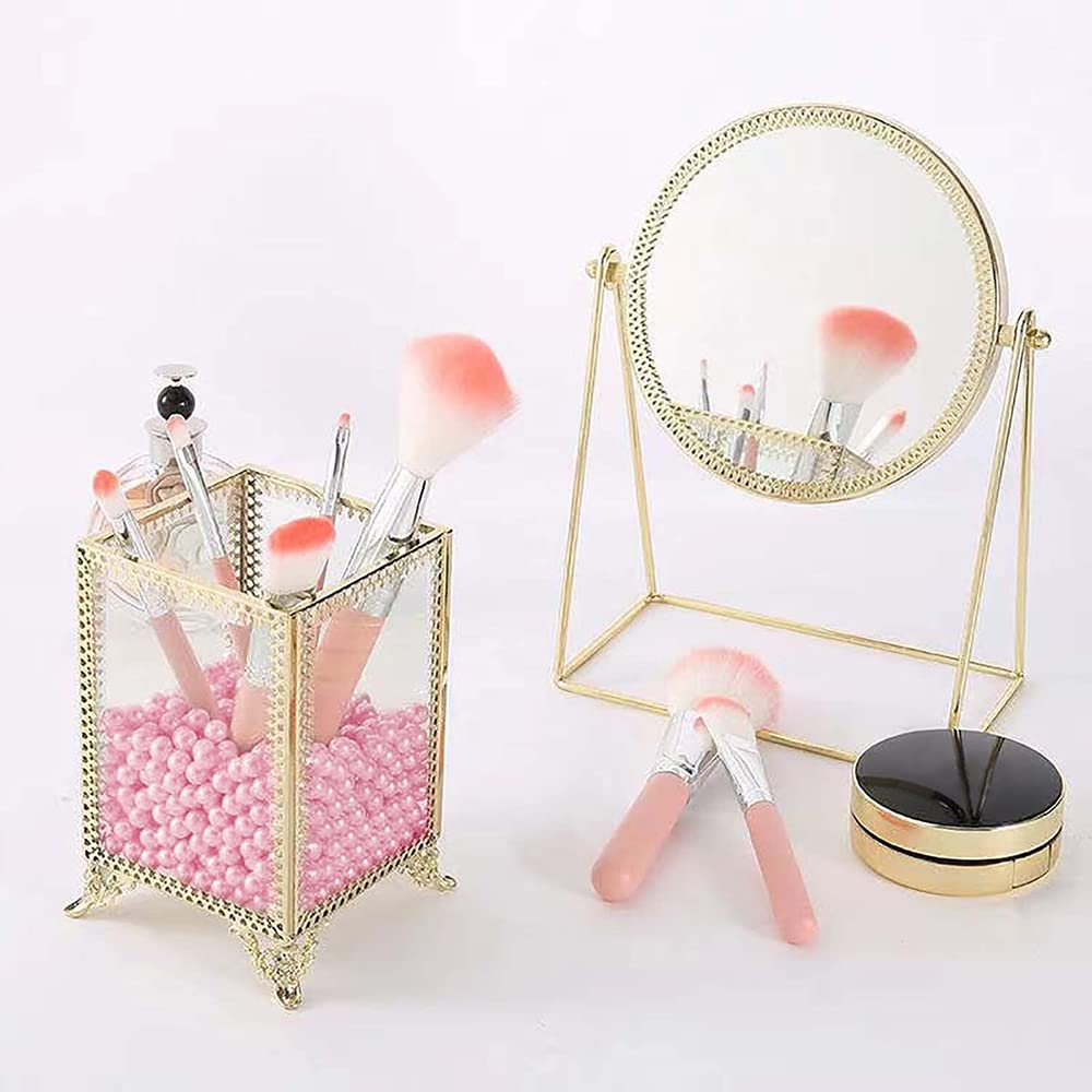 HKS Makeup Brush Holder Vintage Glass Handmade Organizer with Pink Pearls for Nail Brush, Vanity, Bathroom, Dresser, Countertop - Gold