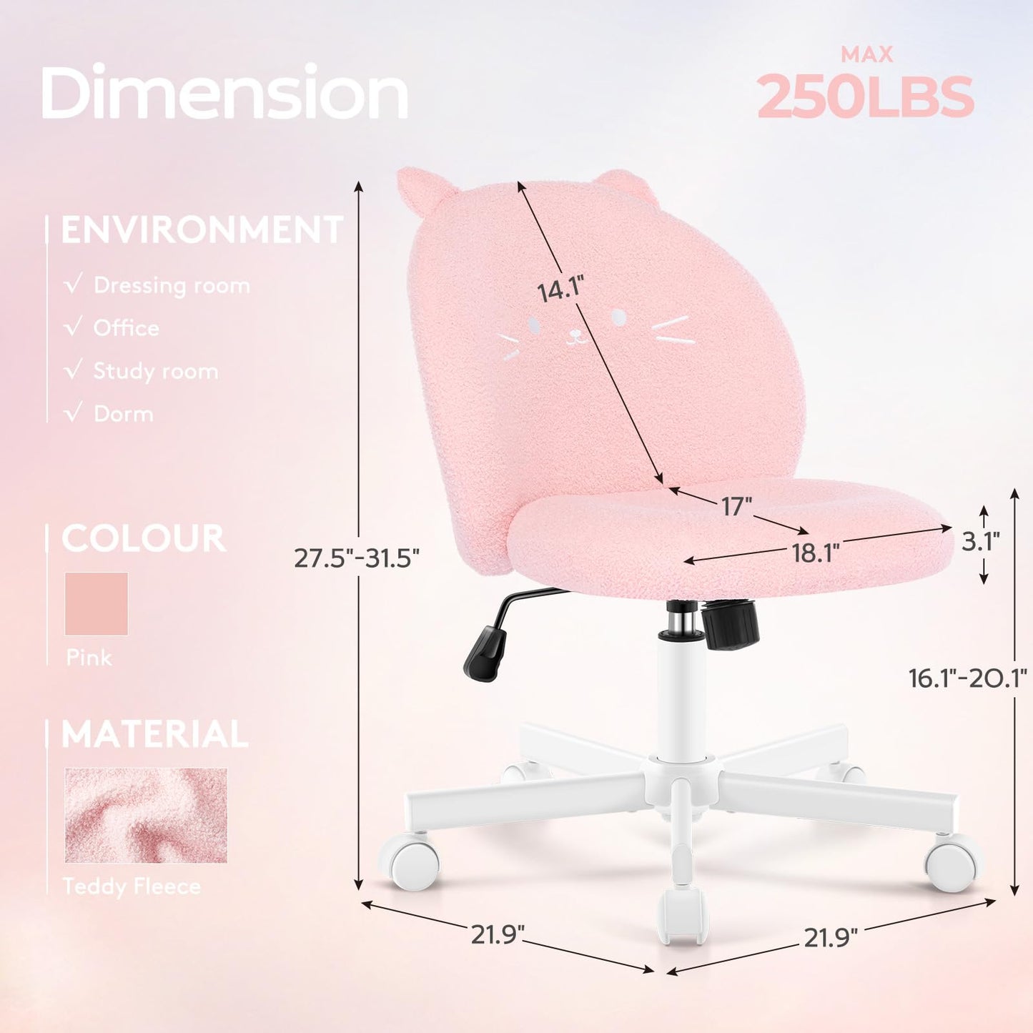 Morkprism Vanity Chair with Cat Back,Armless Desk Chair Cute Small Office Chair,Teddy Fabric Computer Chair with Adjustable Height,120°Tilting,Rolling,Swivel for Vanity,Kids Room,Office,Bedroom Pink