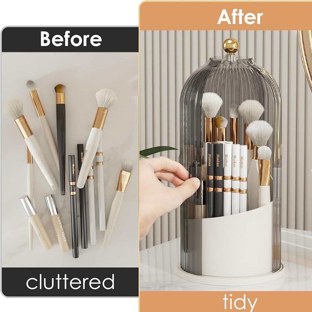 Makeup Brush Holder Organizer 360° Toothbrush storage rack,Beauty Brushes Storage, Makeup Brush Holder with Lid, Waterproof Dustproof Beauty Brushes Storage for Vanity (Grey-White)