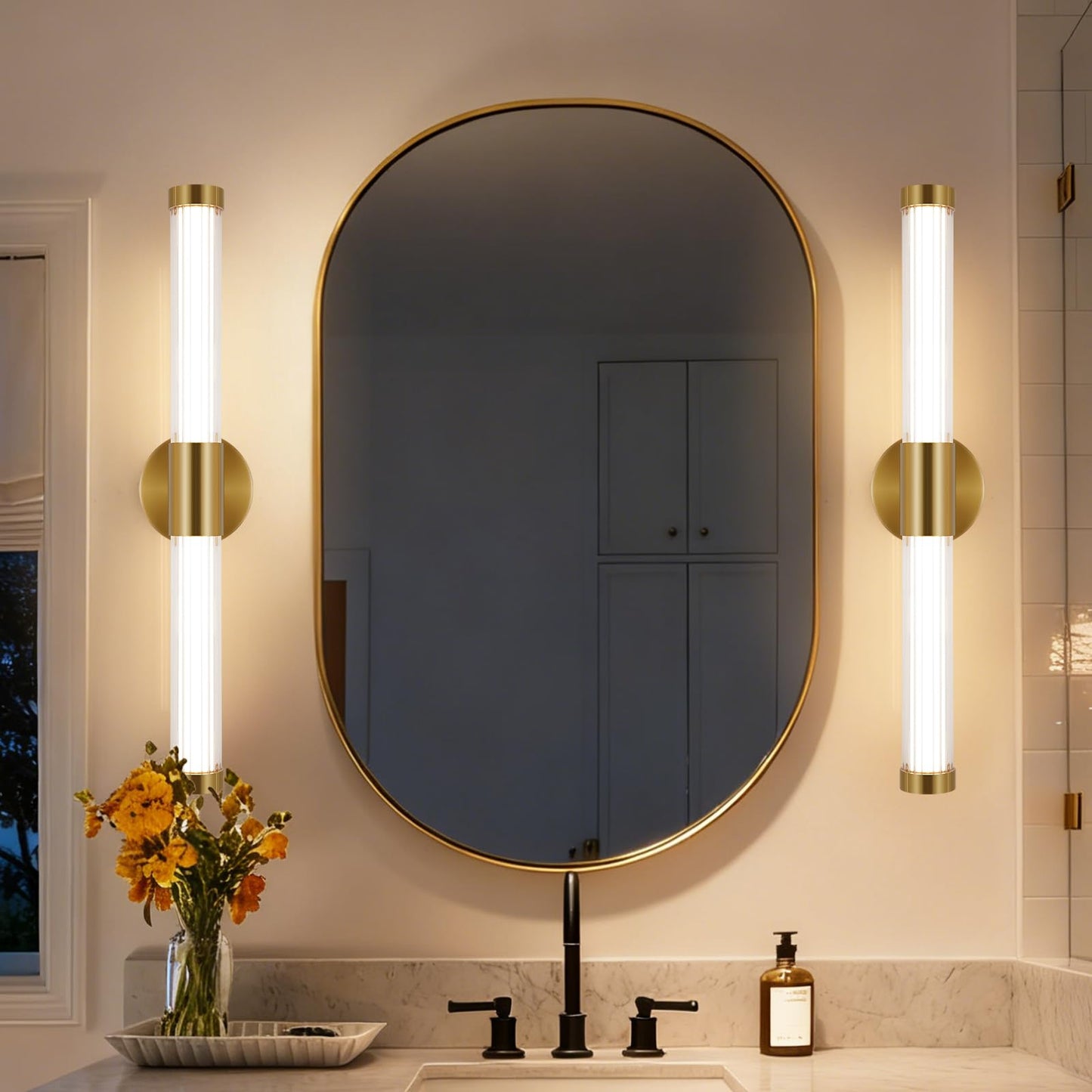 MantoLite Bathroom Vanity Light bar, Modern Brass LED Wall Sconce Over Mirror, Dimmable 3000K/4000K/6000K,Hardwired Bathroom Wall Light,24 Inch Bar Long Strip Sconce
