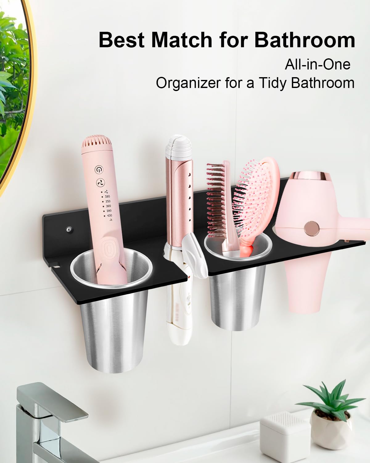Bollmisde Hair Tool Organizer, Hair Dryer Holder with Heatproof Steel Cups, Acrylic Vanity Organizer for Curling Iron, Flat Iron & Hair Brushes, Perfect for Bathroom (Black, Oversized)