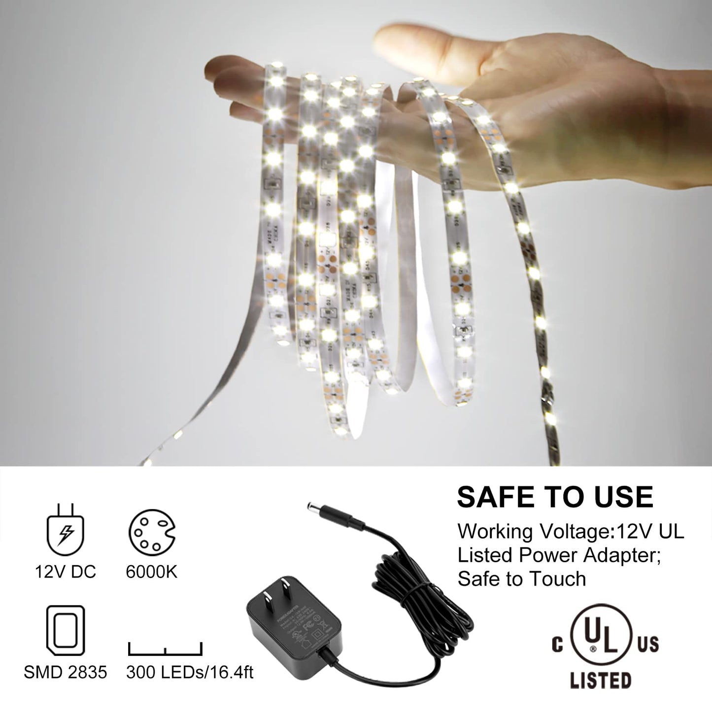 KOPMHYE 5M Dimmable LED Strip Lights Kits, 12V Tape Light, 300 2835 LED, 16.4ft 6000K Daylight White Ribbon with Power Adapter, Light Strips for Under Bed, Vanity Mirror, Cabinet, Non-Waterproof