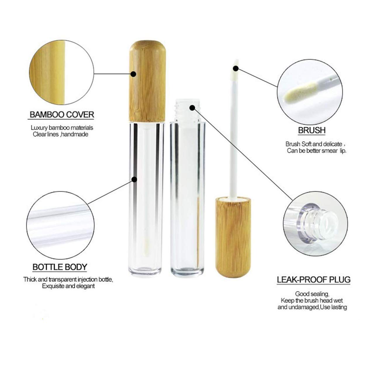 Healthcom 6 Pieces 6ml Bamboo Lip Gloss Tubes Empty Refillable Plastic Lip Balm Bottles Vials with Wand DIY Lipstick Tubes Lipgloss Tube Travel Cosmetic Container Samples for Girl Women Makeup