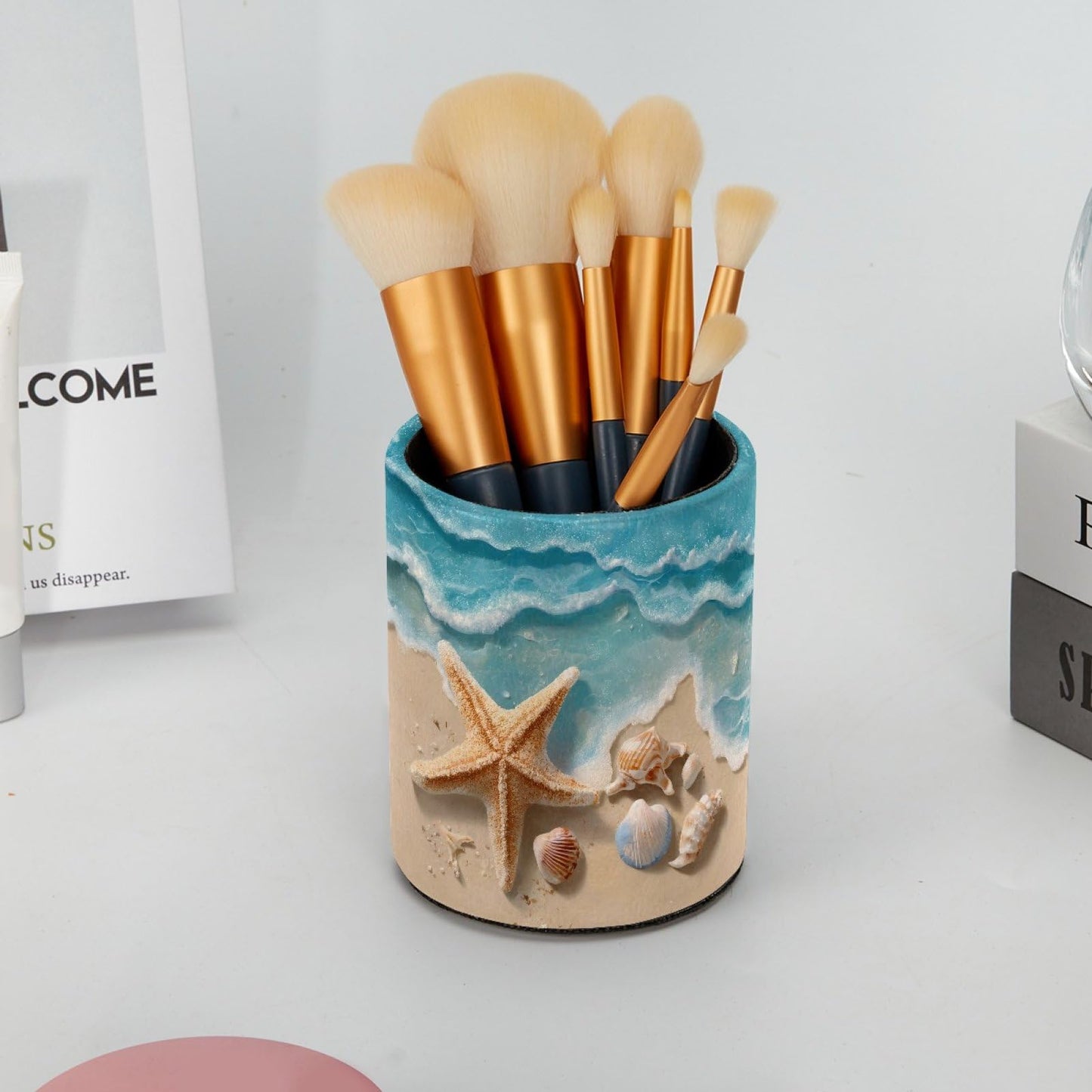 Nautical Beach Starfish and Shell Leather Pen Holder for Desk, Multifunctional Desktop Organizer Pencil Cup, Desktop Caddy Stationery Organizer for School Home Office Desk Accessories