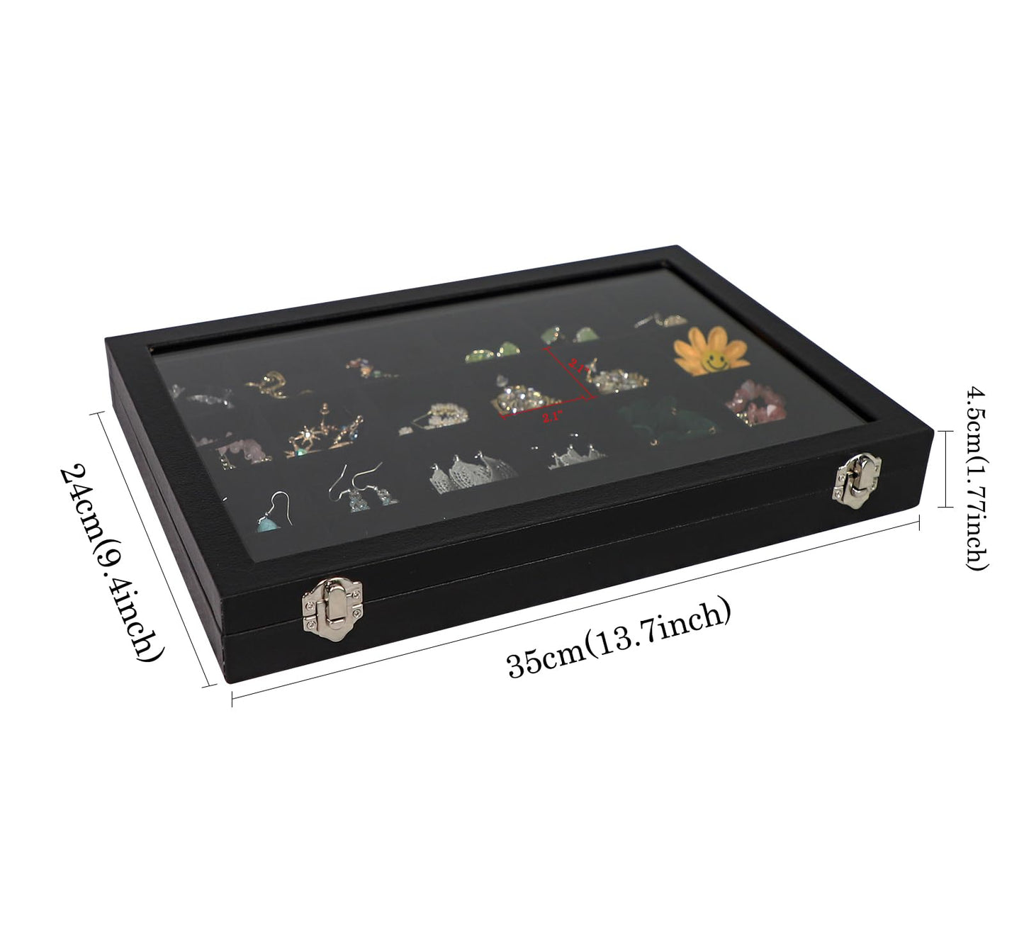 Wudygirl Earring Organizer 24 Grid Jewelry Organizer with Glass Lid Adjustable Jewelry Box Jewelry Display for Rings Necklace Bracelet Earrings Storage（Black 24 Grid）