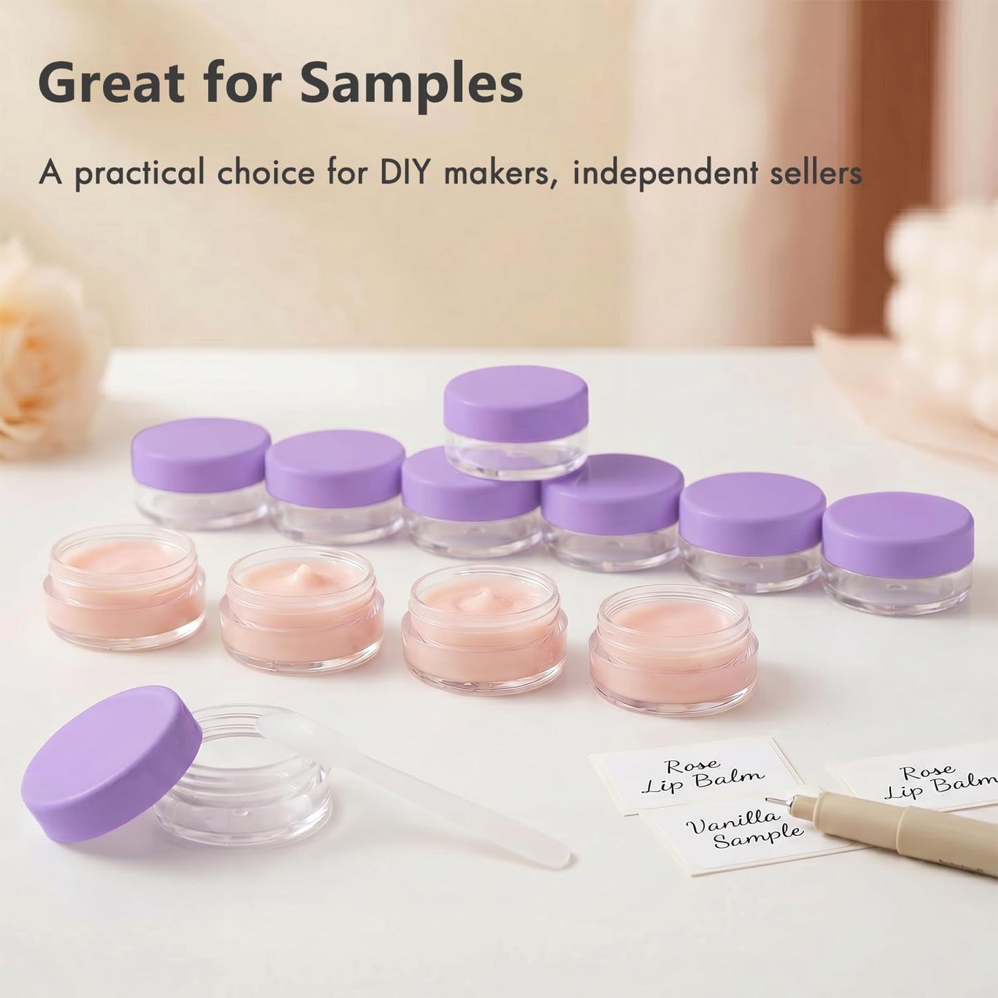 3 Gram Sample Containers with Lids, 100 Count Tiny Sample Jars, Empty Lip Balm Containers, Mini Cosmetic Container with Lids, Makeup Travel Container with Labels, Mini Disposable Spatulas