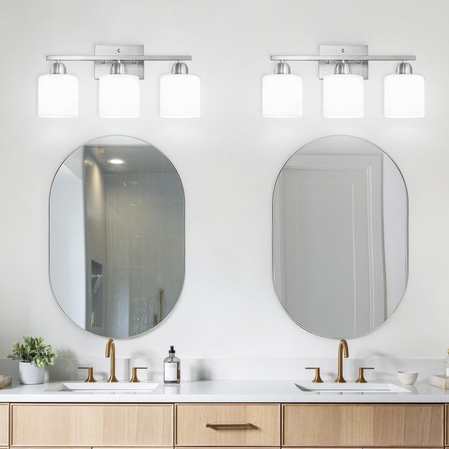 FAISHILAN Brushed Nickel Bathroom Light Fixture, Anti-Rust Finish 3 Light Vanity Lights for Bathroom, Bath Lights with Milky White Frosted Glass Shades, E26 Socket