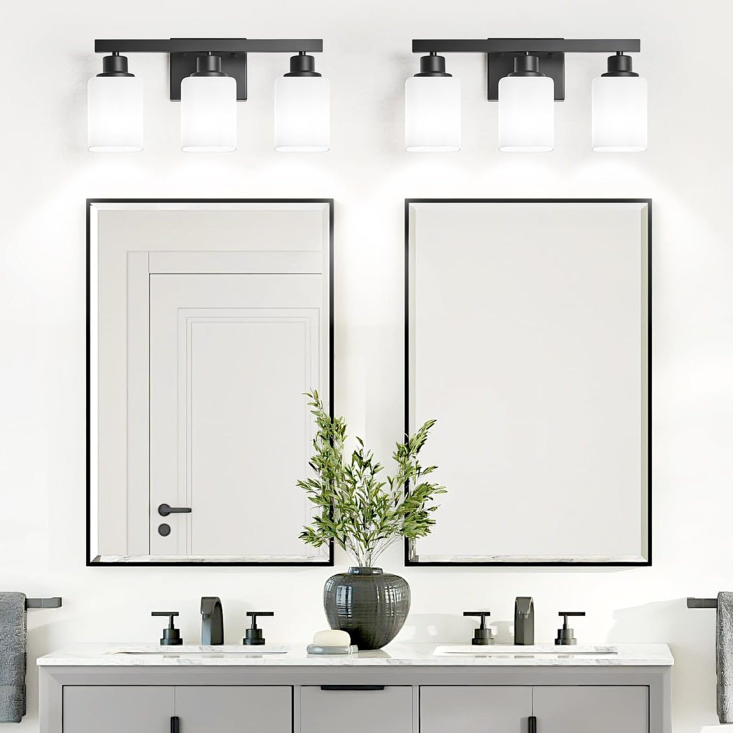 DIKAIDA 3-Light Bathroom Vanity Light,Modern Matte Black Bathroom Light Fixtures with Square Frosted Glass,Wall Sconces Lighting fixtures Over Mirror Restroom, Living Room Hallway