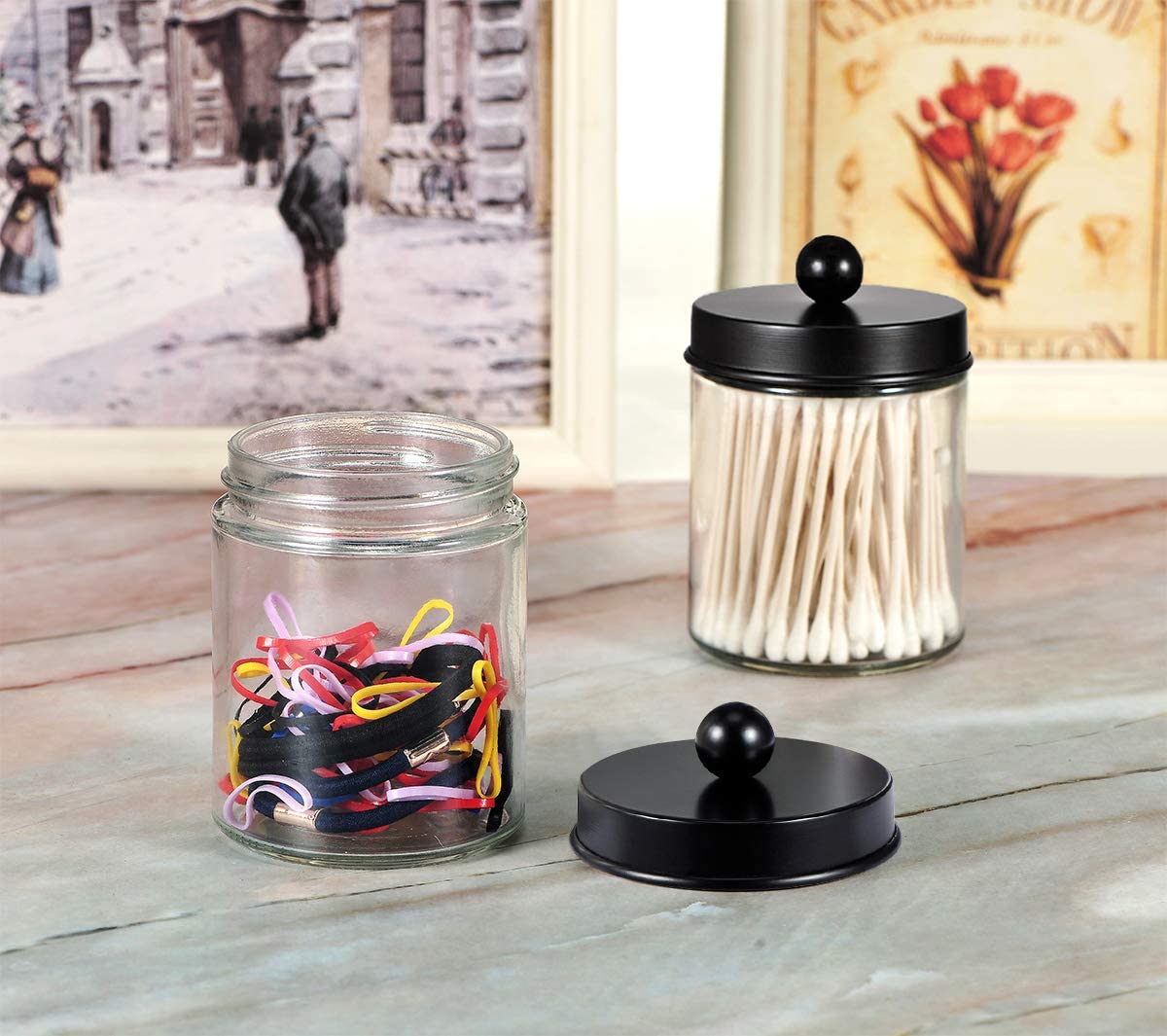 Amolliar 4 Pack Glass Apothecary Jars Bathroom Vanity Storage Organizer Set-Qtip Dispenser Holder with Stainless Steel Lids &Cute Stickers-Countertop Canister for Qtips,Cotton Swabs,Makeup Sponges