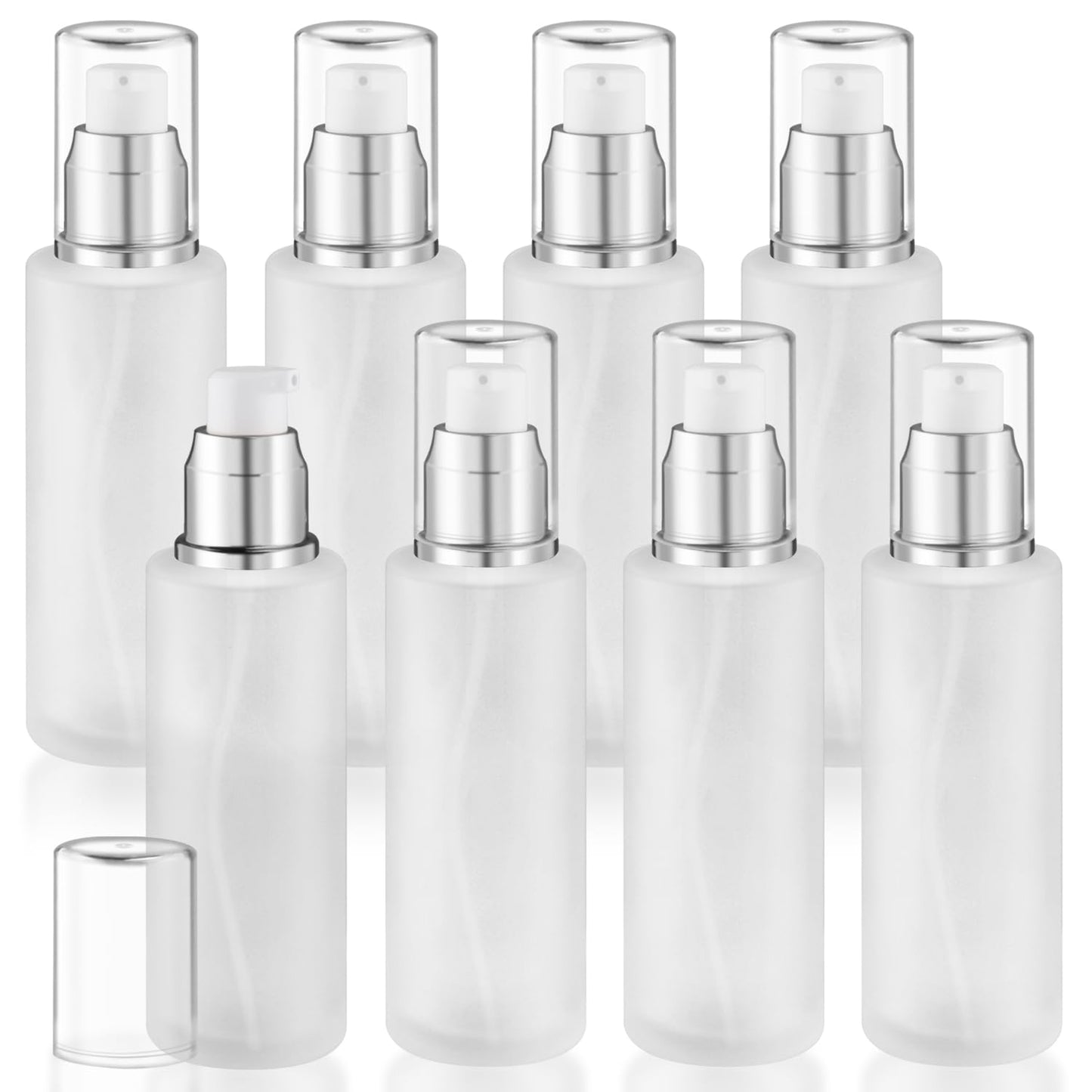 8 Pcs 60ml/2oz Frosted Glass Bottles Refillable Pump Dispenser Jar Travel Lotion Vials with Plastic Pump Head for Toiletry Liquid Foundation Cream Cosmetic Samples - Silver