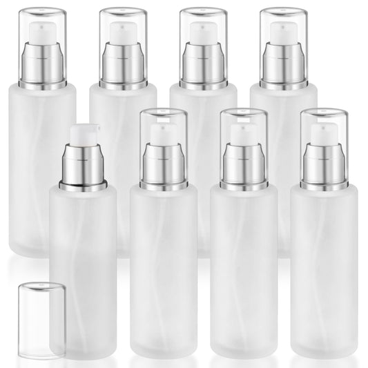 8 Pcs 60ml/2oz Frosted Glass Bottles Refillable Pump Dispenser Jar Travel Lotion Vials with Plastic Pump Head for Toiletry Liquid Foundation Cream Cosmetic Samples - Silver