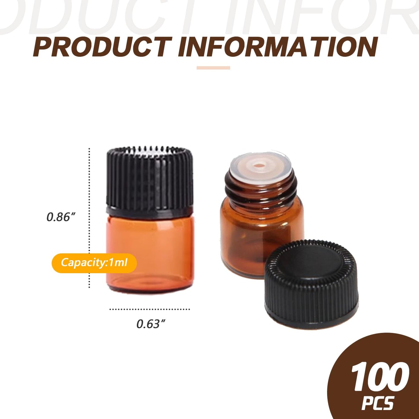 TOPWEL 100 Pack 1ml Amber Glass Mini Essential Oil Bottles Sample Vials with Orifice Reducer & Black Screw Cap, 1/4 Dram Empty Travel Bottle for Aromatherapy Perfume Anointing Oil