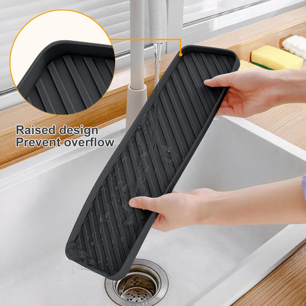 HvOvMvE Silicone Organizer Tray for Kitchen Sinks and Bathrooms. Dishwasher-Safe, Non-Slip Countertop Tray, Bathroom Drawer Organizer Trays. Perfect for Makeup & Trinkets (Dark Gray L 1PC)