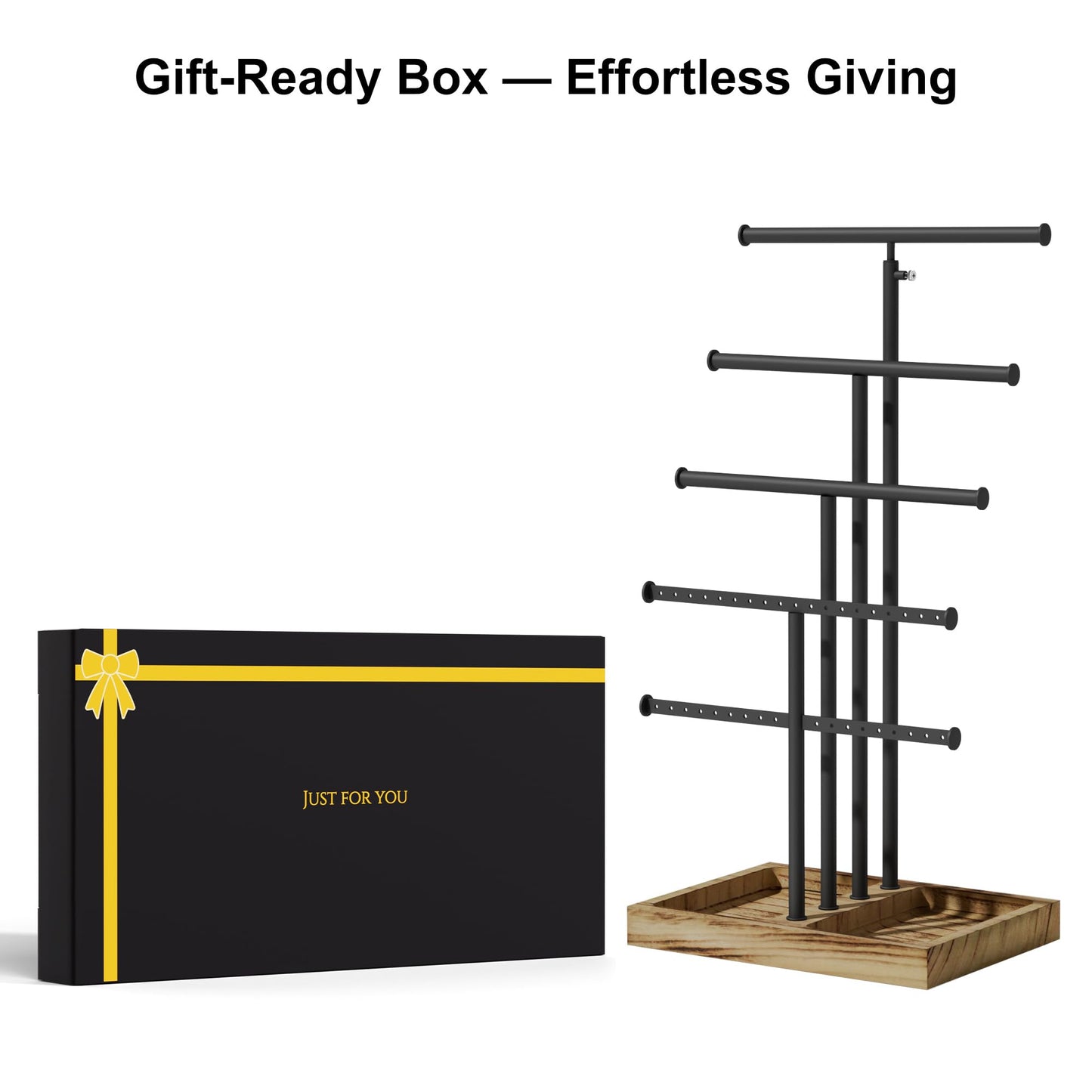Love-KANKEI Jewelry Organizer Stand, 5 Tier Large Necklace Holder with Wood Base, Jewelry holder stand Tree for Display, Bracelets Earrings Rings, Height Adjustable Gift Carbonized Black & Black