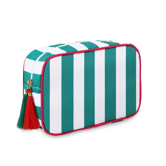EMBRUNIOICE Stripe Makeup Bag Travel Cosmetic Bag Organizer Tassel Toiletry Bag Large Canvas Zipper Pouch and Mahjong Tile Bag (White with Green)