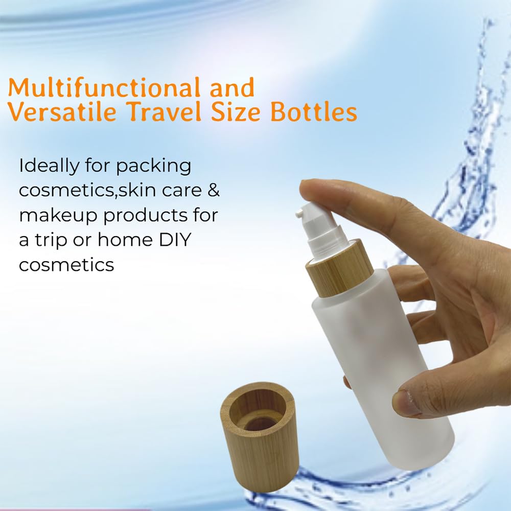 BEECO GIF2U Empty Cosmetic Bottles 3.3oz/100ml 4 PACK with Bamboo Cap,Frosted Glass Lotion Pump DispenserRefillable Emulsion Cosmetic Cream Bottles, Toiletries Refill Travel Containers(Frost Clear)