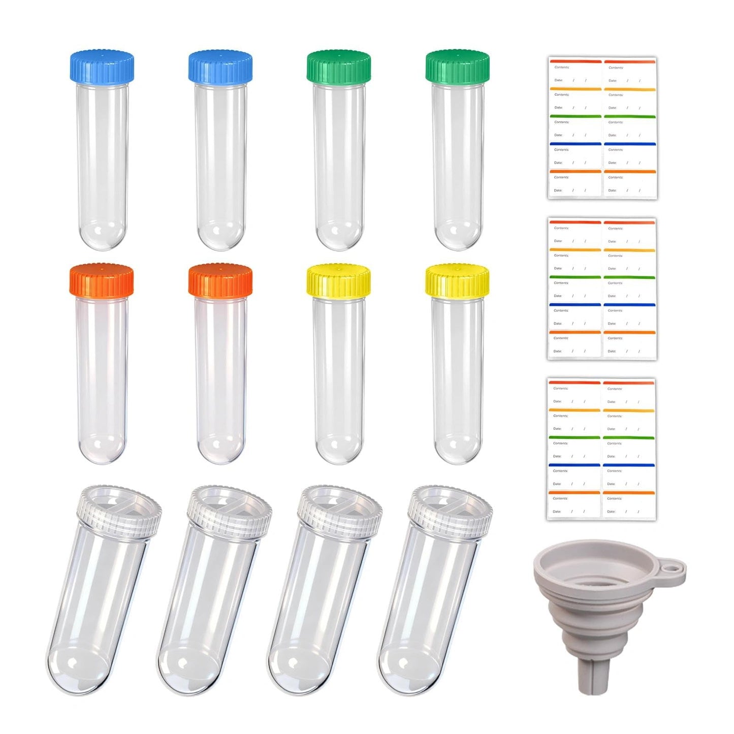 Protein Powder Travel Container Set 12 Pack – 8x50ml & 4x100ml Leak Proof Reusable Supplement Powder Container to Go with Funnel & Labels, Portable Gym Protein Storage for Fitness, Work, Travel