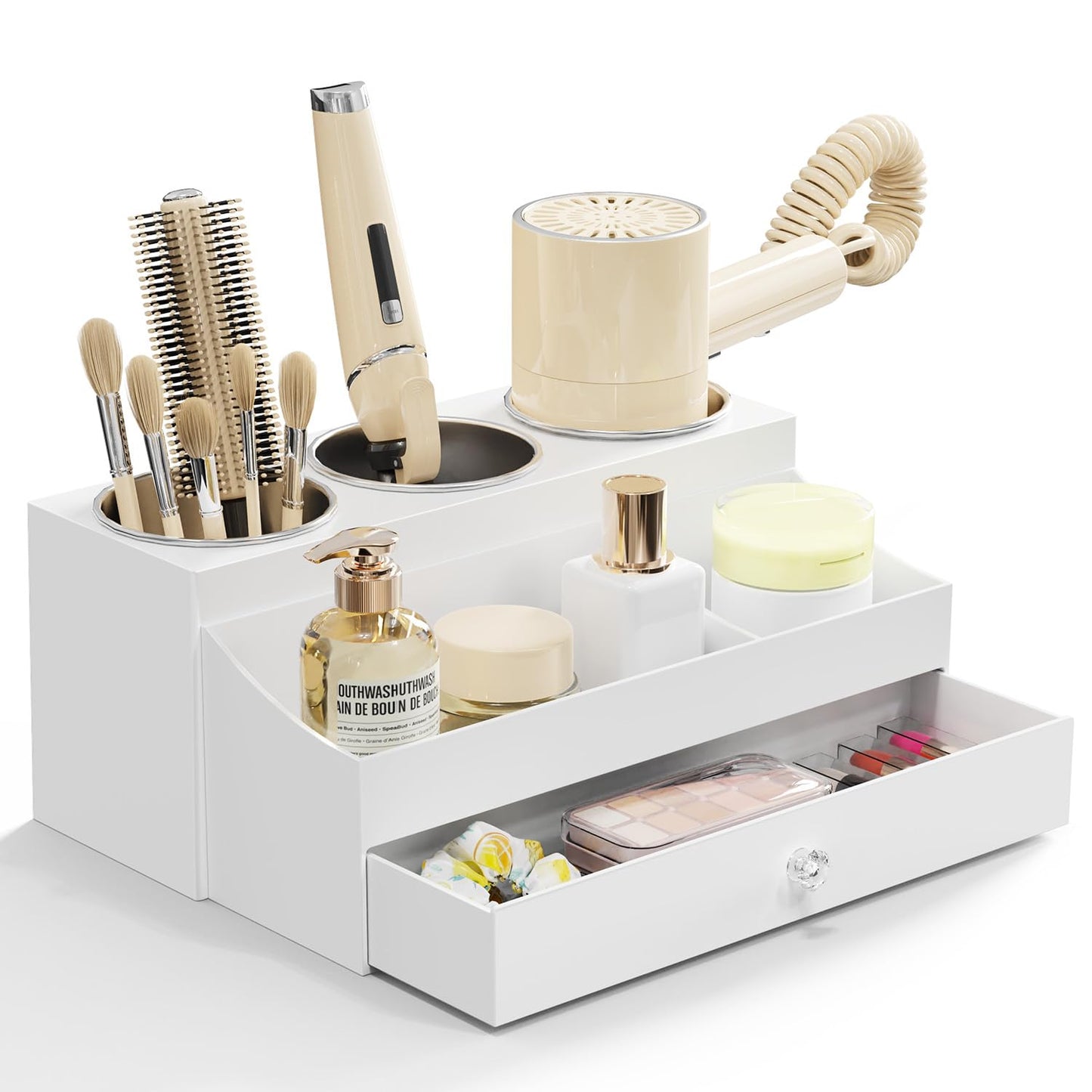 GFWARE Acrylic Hair Dryer Holder with Drawer, Bathroom Organizer Countertop Drawers with 3 Stainless Cups, Makeup Vanity Accessories, Hair Hot Tools Organizer, Toiletry, White