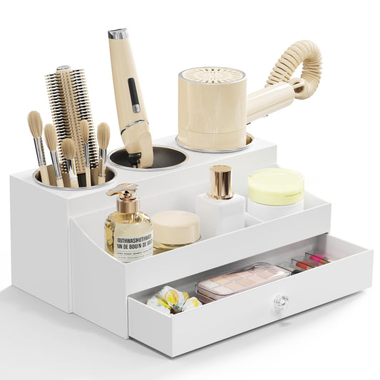GFWARE Acrylic Hair Dryer Holder with Drawer, Bathroom Organizer Countertop Drawers with 3 Stainless Cups, Makeup Vanity Accessories, Hair Hot Tools Organizer, Toiletry, White