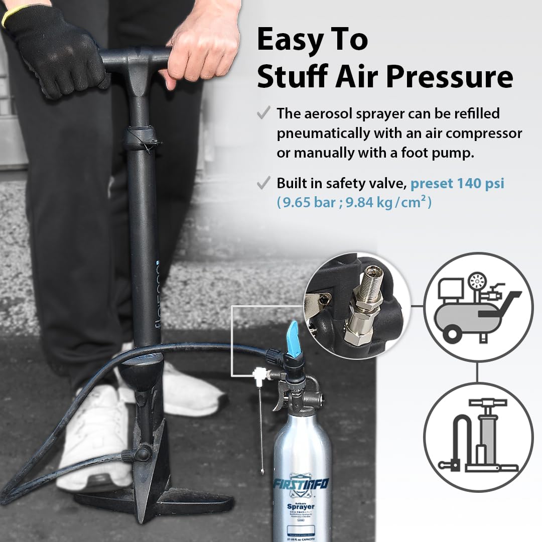 FIRSTINFO A1638 (3rd Gen) Patented Lightweight Max. Pressure 140psi / 620ml Thickened Aluminum Canister Refillable Aerosol Spray Can | Compressed Air Sprayer | Wide Mist Spray