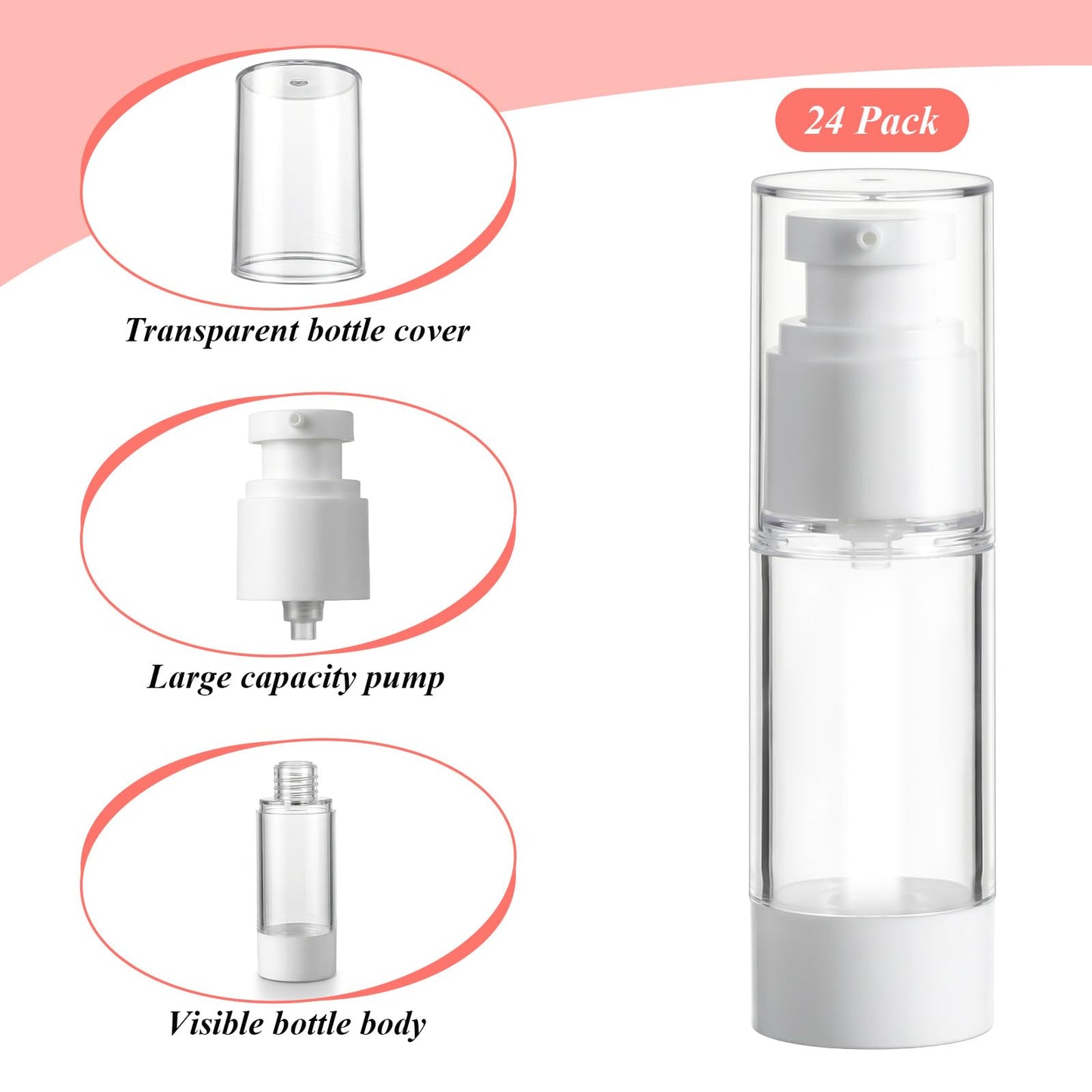 Afcabakila 24 Pcs Clear Airless Pump Bottles Travel Size 1 Oz 30ml Refillable Cosmetic Dispenser Vacuum Plastic Empty Lotion Pump Dispenser Liquid Toiletry Container
