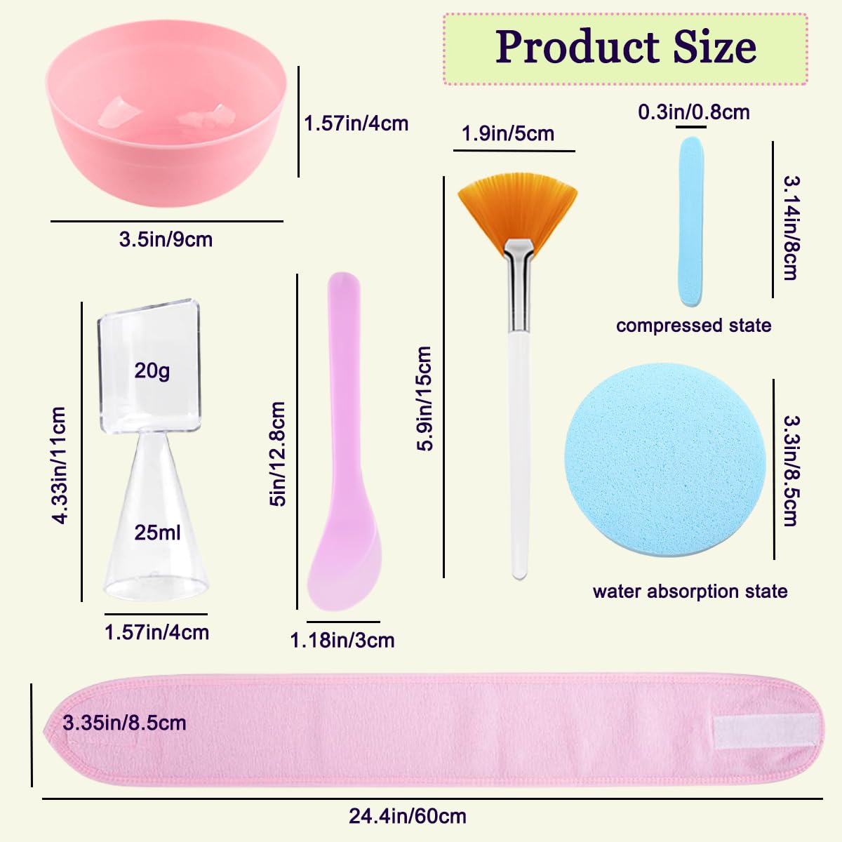 37 Pcs Face Mask Mixing Bowl Set, 5 Plastic Mask Bowl 5 Headbands, 10 compressed Facial sponges 5 Facial Mask Fan Brushes10 facial spatula and 2 Measuring Cups, Esthetician Supplies Tool Kit