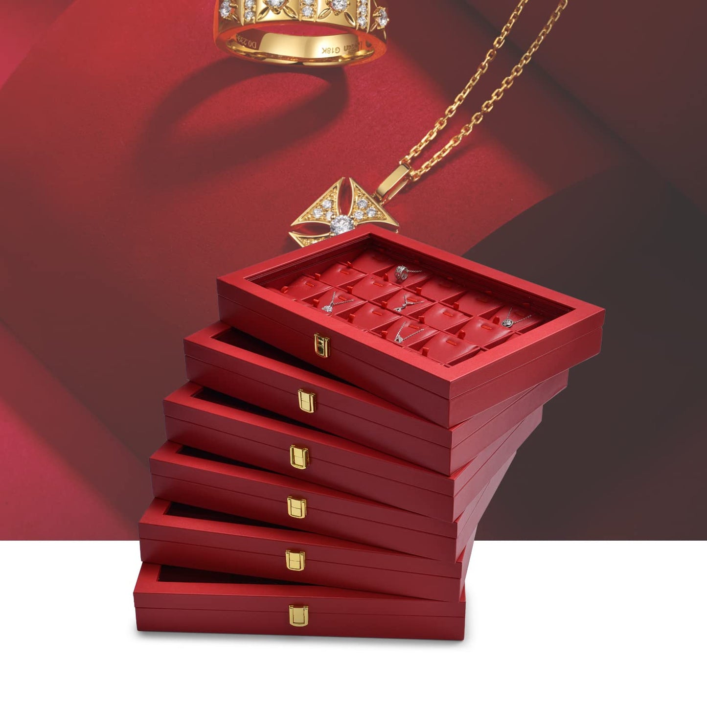 Oirlv Luxury Leather Rings Earrings Organizer Tray with Clear Lid Jewelry Display Box with Acrylic Lid Stackable Jewelry Box Drawer Inserts