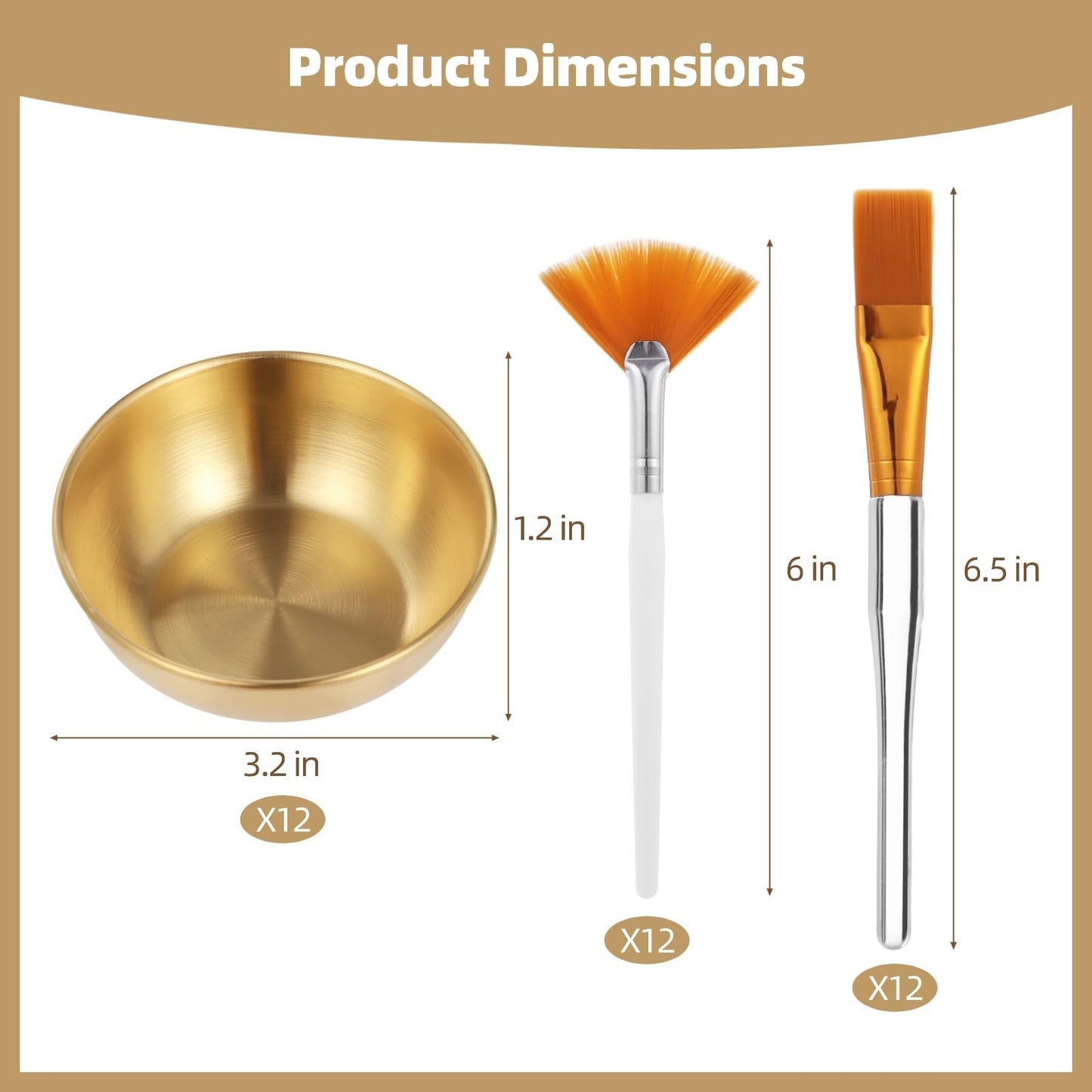 36 Pcs Esthetician Supplies for Facials Set, 12 Golden Stainless Steel Mixing Bowls, 12 Fan & 12 Detail Brushes, Facial Masks Brushes for Even Masks Application, Women Clay Masks Mixing Tools Kit