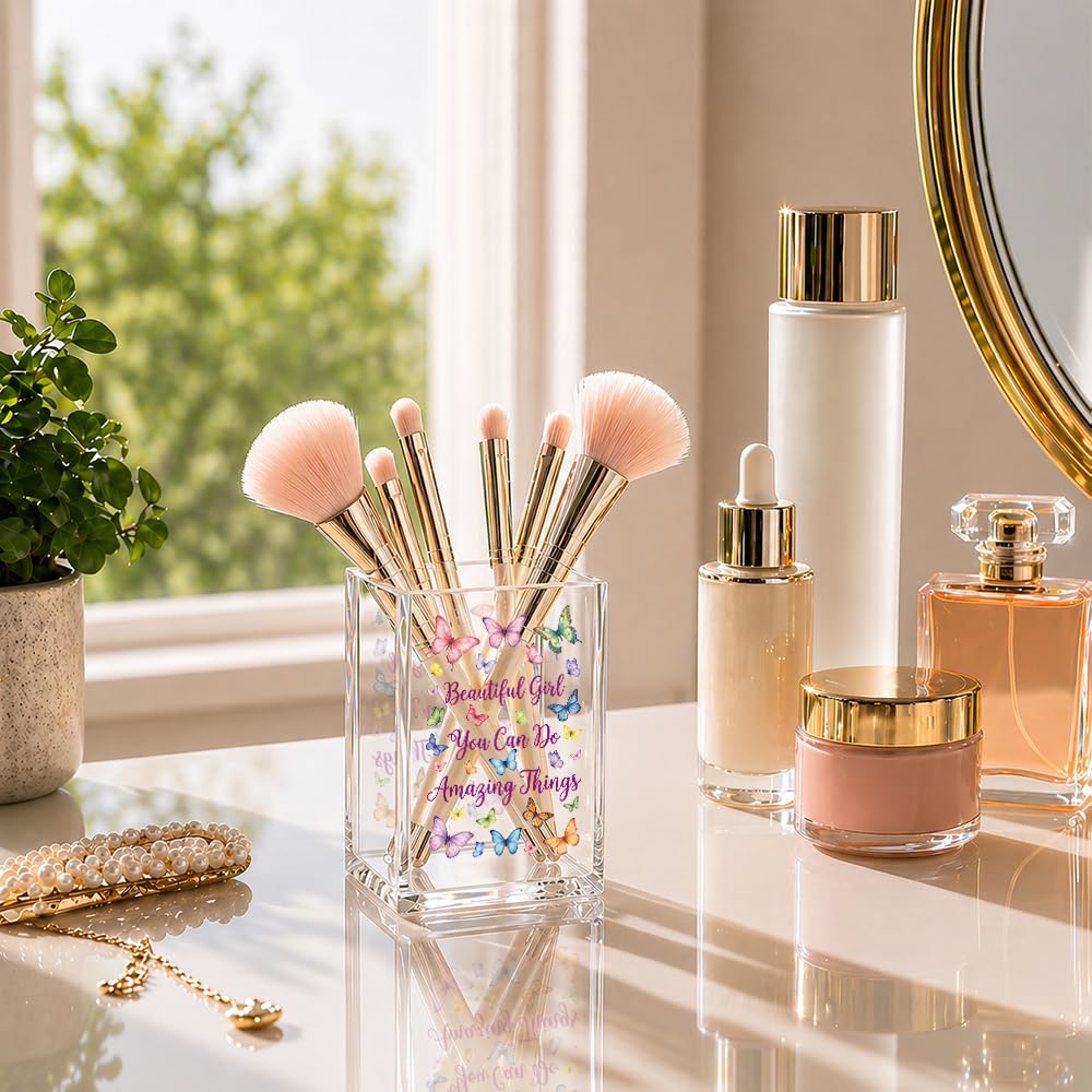 Xiahde Beautiful Girl You Can Do Amazing Things Acrylic Pencil Holder Cup, Inspirational Makeup Brush Organizer Gifts, Butterfly Encourage Gifts for Women Sister Daughter, Bathroom Vanity Organizer