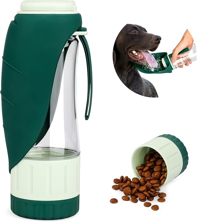 Upgraded Dog Water Bottle, Portable Dog Cat Puppy Pet Water Dispenser Feeder with Drinking Cup and Food Container Leak Proof for Outdoor Walking, Travel, Hiking 12OZ